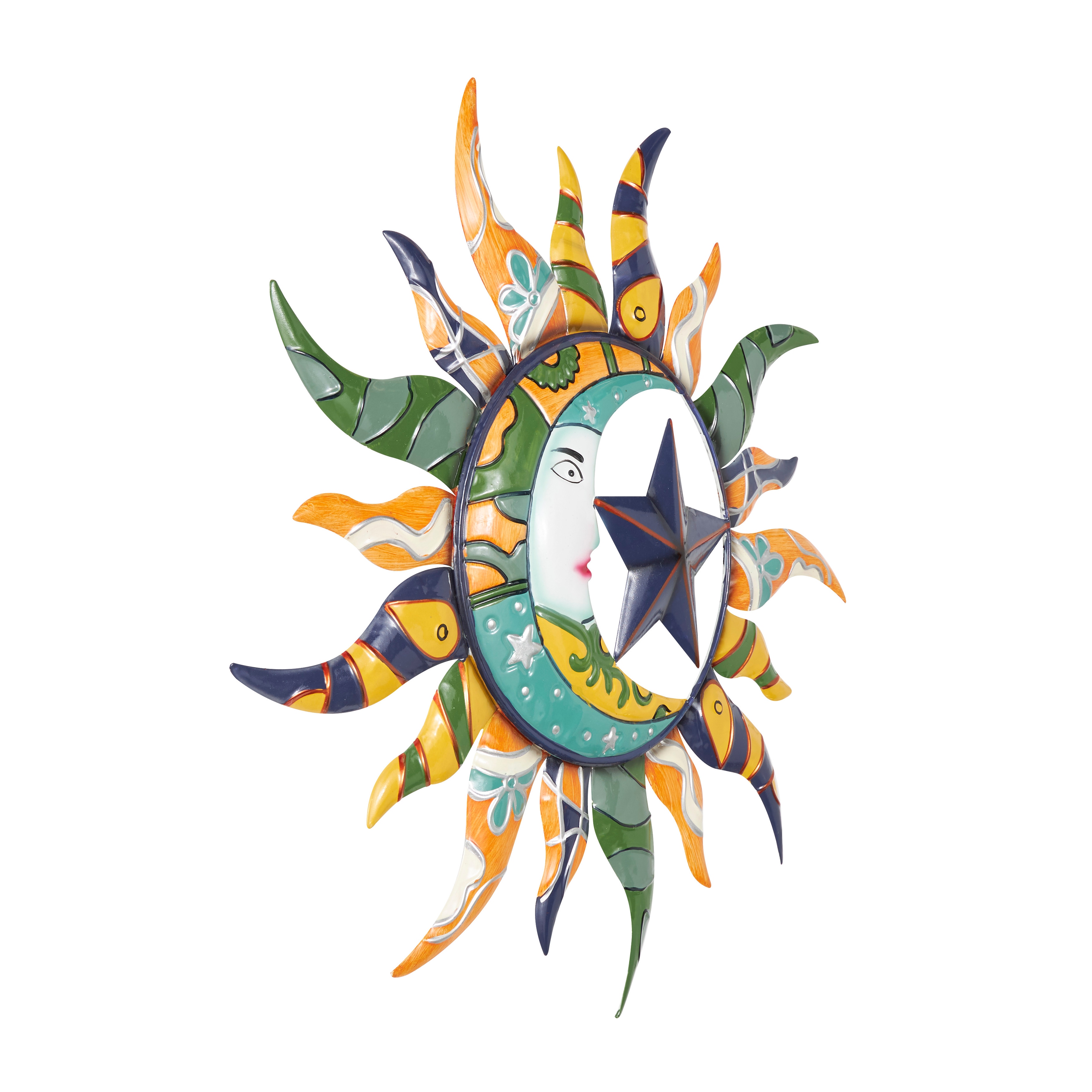 Multi Color Metal Eclectic Whimsical Celestial Sun Art Wall Sculpture