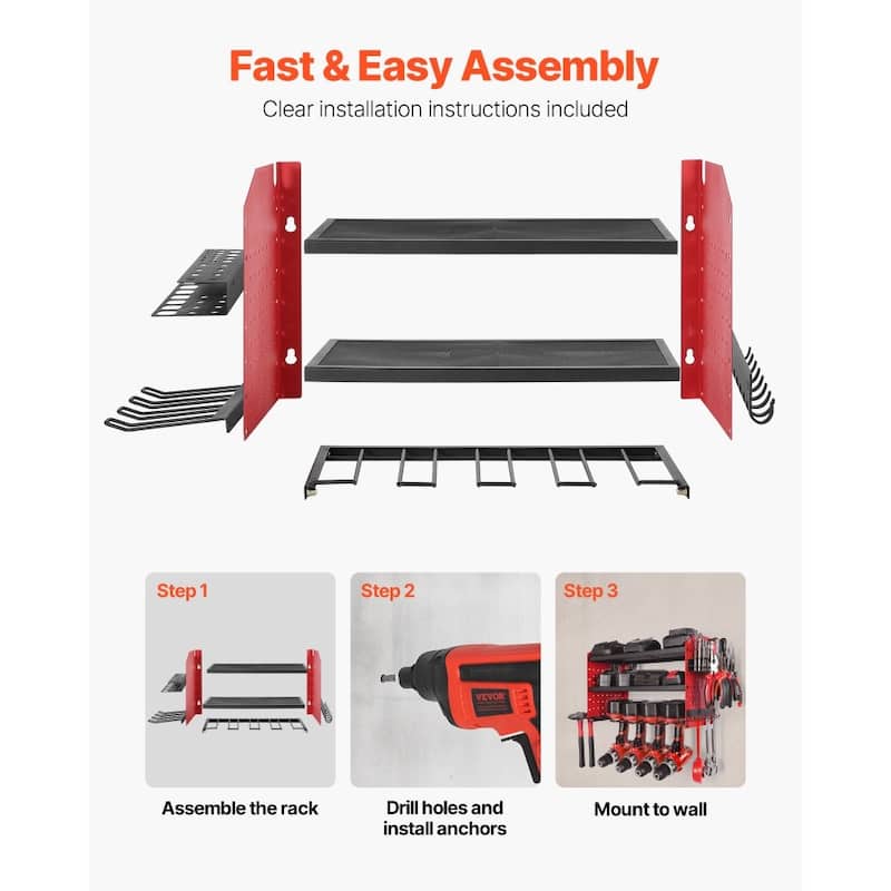 3-Tier Wall Mounted Power Tool Rack with Adjustable Shelf and 4 Drill Slots Pegboard Hooks - 23.31” x 8.66” x 12.01”