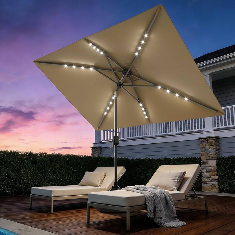 10' x 6.5' Solar Patio Umbrella with Crank and Push Button Tilt for Garden, Deck, Lawn, Pool with Lights (No Base) - Tan