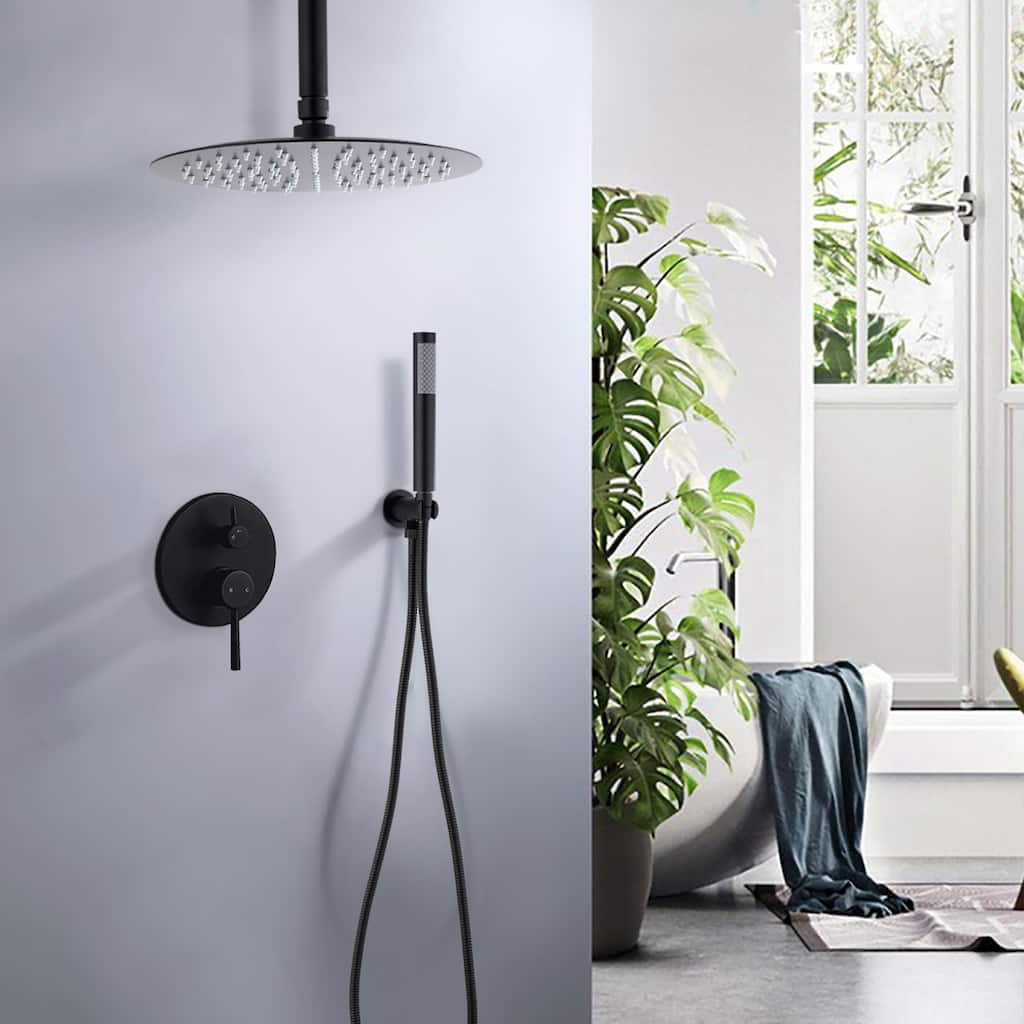 Ceiling Mount Round Shower Combo Set with 10" Rain Shower head and Handheld Shower Head Set with Pressure Balancing Valve