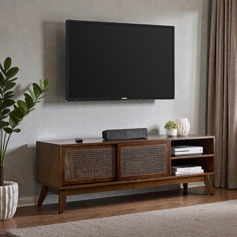 Mid Century Modern 59" Rattan TV Stand for 65" TV, Media Console with Solid Wood Legs and Storage Cabinet
