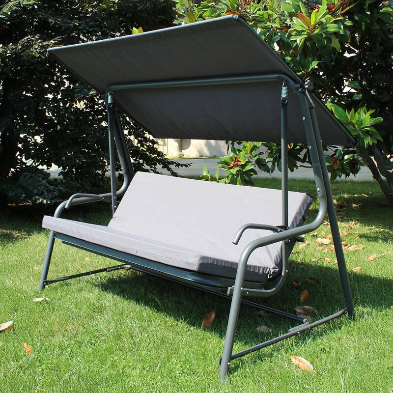 Sunjoy Luxury 4-Seat Steel Convertible Swing-Bed Mesh Seats Adj Canopy Made in Italy