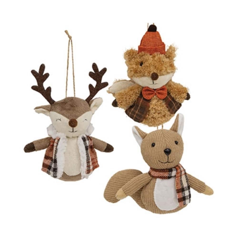 Multi Color Plush Woodland Animal Ornaments Set with Hanging Loop Christmas Decor, 3 Asstd - 6.50 x 3 x 7.50 in.