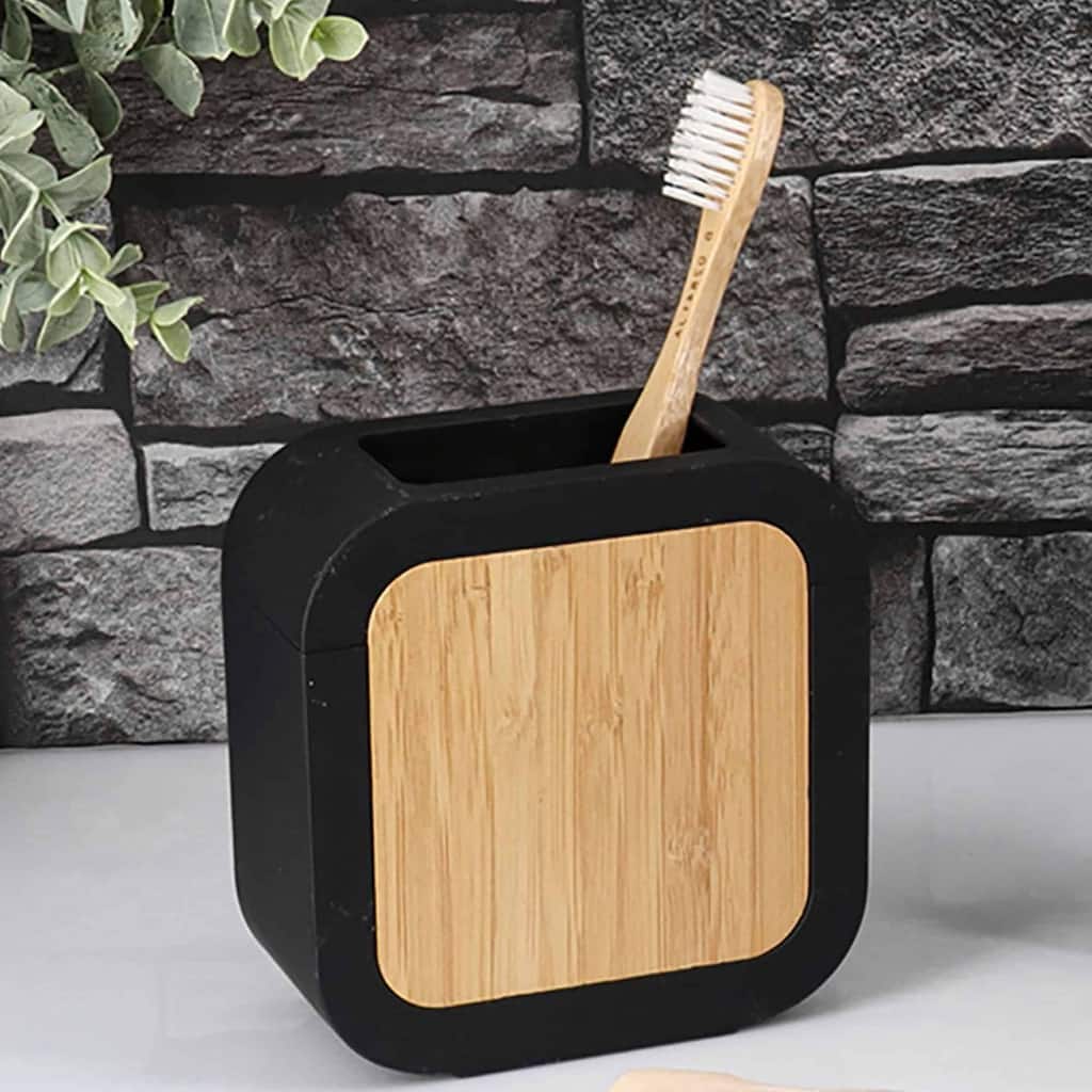 Modern Toothbrush Holder Rubber and Wood - 4.3 L x 2 W x 4.4 H