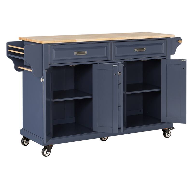 Kitchen Island with Rubber wood Countertop, Kitchen Cart on 5 Wheels with Storage Cabinet and 5 Drawers for Dinning Room