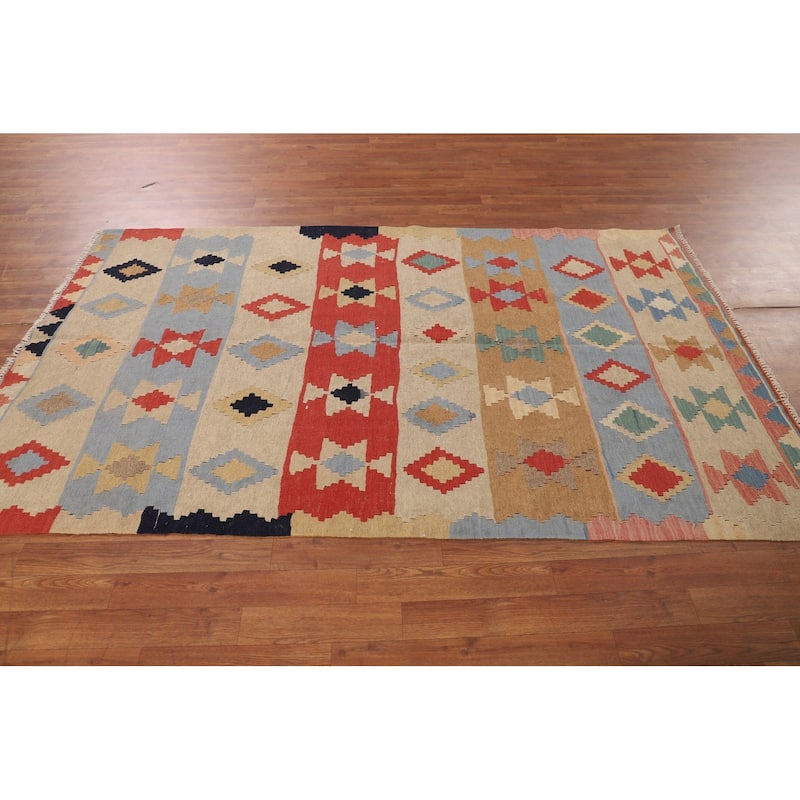 Striped Geometric Kilim Persian Vintage Area Rug Flatweave Wool Carpet - 4'8"x 7'10"