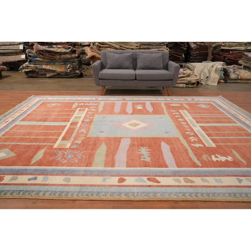 Hand Knotted Oriental 100% Wool Carpet Modern Geometric Oranges & Rust Gabbeh Area Rug - 12' 3'' X 9' 2''
