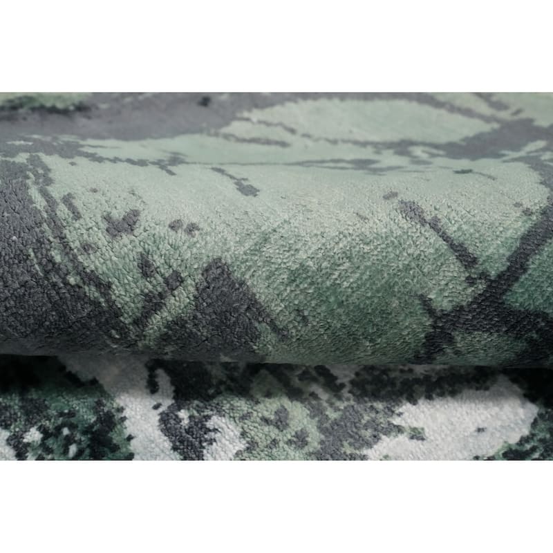 Hand Knotted Oriental Viscose Silk Carpet Modern Pictorial Green Abstract Area Rug - 7' 10'' X 5' 9''