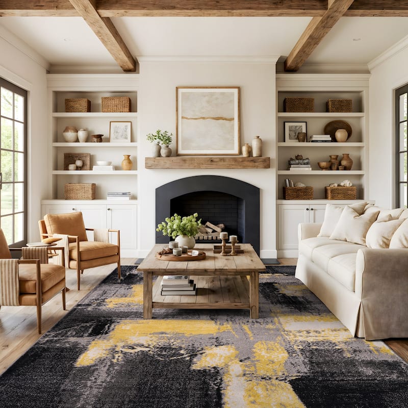 World Rug Gallery Contemporary Abstract Watercolor Yellow Area Rug - 7' 10" x 10' - Rectangle