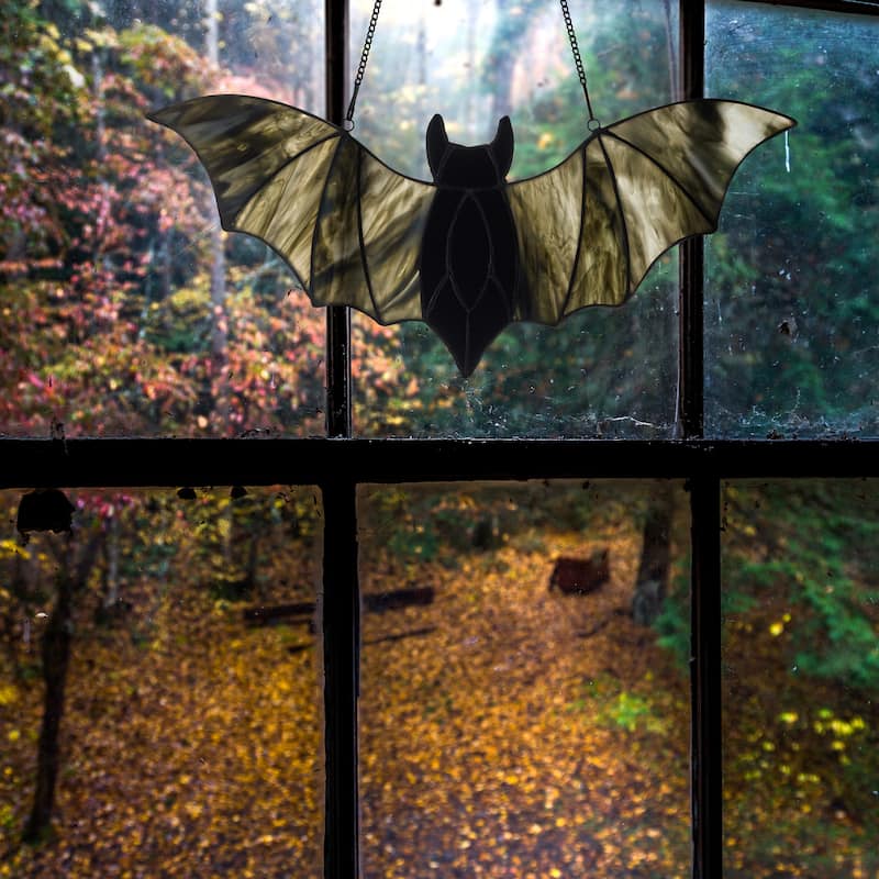 River of Goods 16-Inch Halloween Black Bat Stained Glass Window Panel - 16" x 0.25" x 7"
