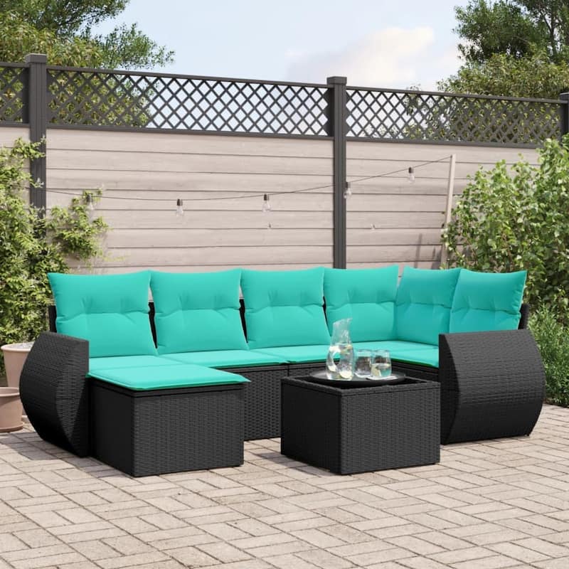 vidaXL 6 Piece Patio Sofa Set with Cushions Black Poly Rattan - 28 x 24.4 x 27.2-With table