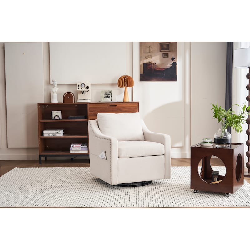 Linen Upholstered Swivel Accent Chair, Ergonomic Single Sofa Chair, Lounge Reading Chair with Nailhead Decor & Metal Base