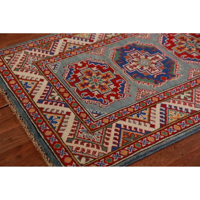 Geometric Kazak Foyer Rug Blue Traditional Handmade Wool Carpet - 2'9"x 3'11"