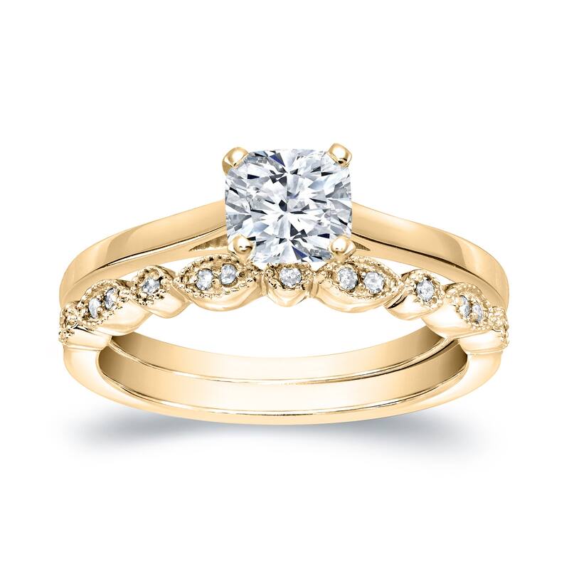 Auriya 14k Gold 3/4ctw Vintage Cushion Solitaire Diamond Engagement Ring Set - Yellow - 8