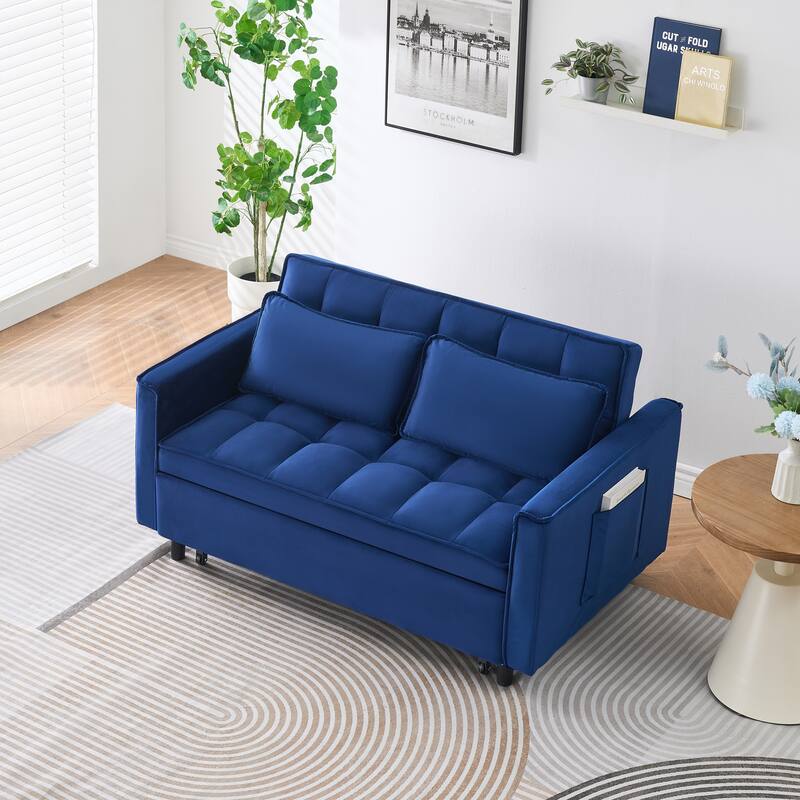 Velvet 3 in 1 Pull Out Loveseat Sofa Convertible Sleeper Love Seat Bed Tufted Futon Sofa with 2 Pillows and Pockets