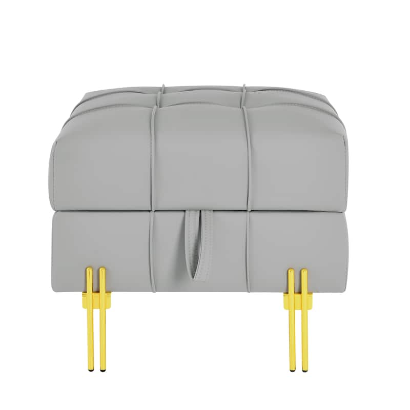 Square Leather Storage Ottoman, Tufted Upholstered Footstool with Flip Top, Entryway Bench with Stainless Steel Legs