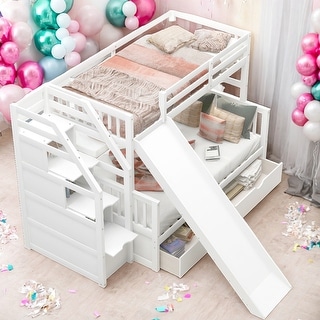 Twin Over Full Bunk Bed With Drawers,Storage And Slide for Bedroom