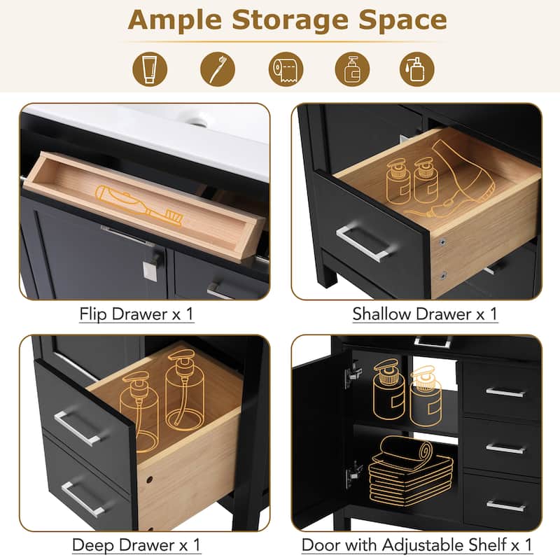 Bathroom Vanity with Ceramic Sink, Bathroom Cabinet with 1 Flip Drawer and 2 Drawers, Bathroom Vanities with Storage Shelves