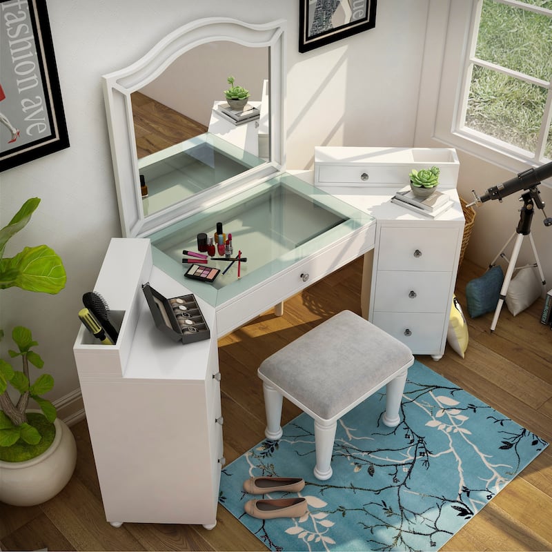 Furniture of America Ulru Transitional Solid Wood 3-Piece Makeup Vanity Set with LED