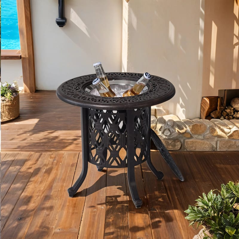 Patio Aluminum Side Table w/ Food Grade 304 Stainless Steel Ice Bucket - 21"Round-Ice-Bucket -  Antique Bronze
