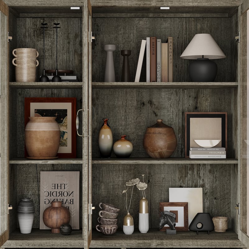 Farmhouse Kitchen Pantry Cabinet 6-Tier Bookshelf with Adjustable Shelves & Glass Doors