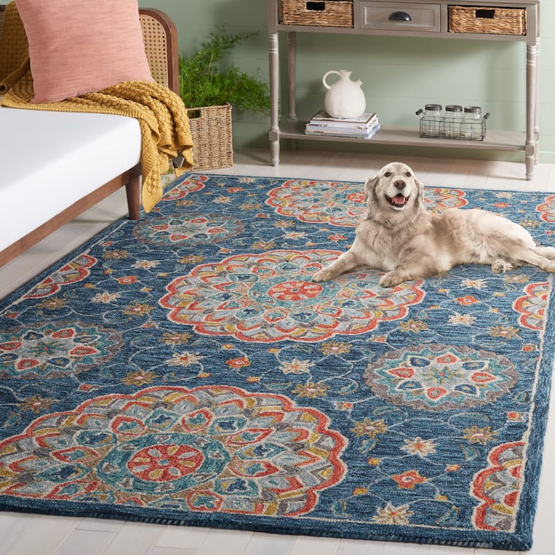 SAFAVIEH Handmade Blossom Foteini Contemporary Wool Rug - 6' Round - Blue/Red