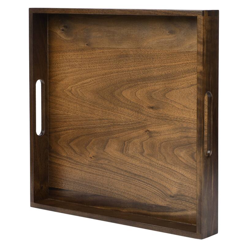 KINWELL Square Black Walnut Wood Serving Tray Ottoman Tray with Handles