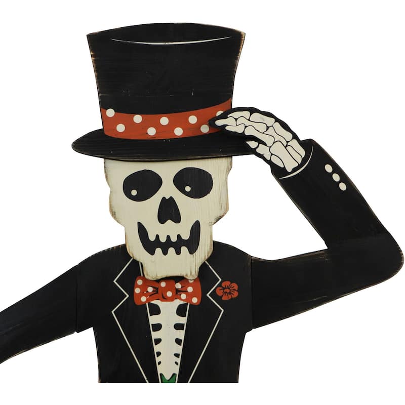 Haunted Hill Farm 46-In. Skeleton Holding a Carved Pumpkin Wood Yard Stake for Halloween Decoration