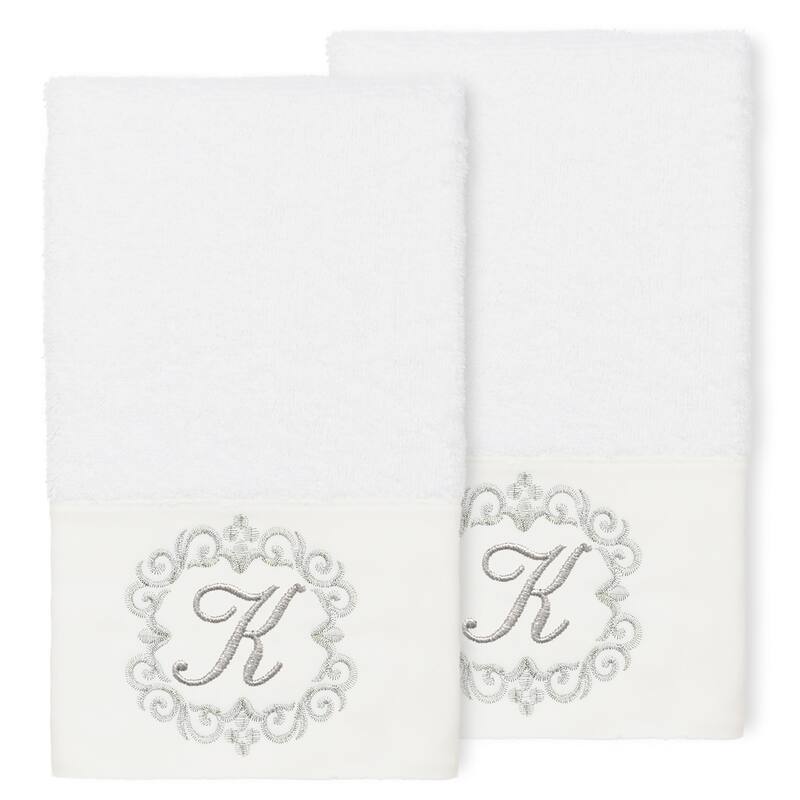 Authentic Hotel and Spa 100% Turkish Cotton Monica 2PC Embellished Hand Towel Set - K - White