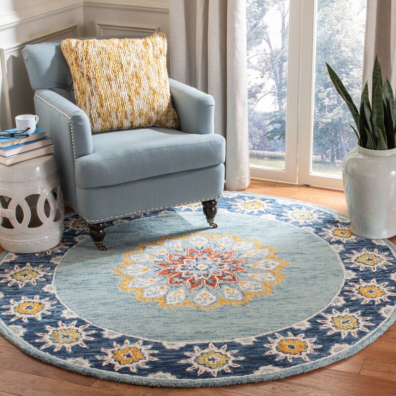 SAFAVIEH Handmade Blossom Umran & Contemporary Floral & Botanical - 6' x 6' Round - Blue/Gold - Runner/Round