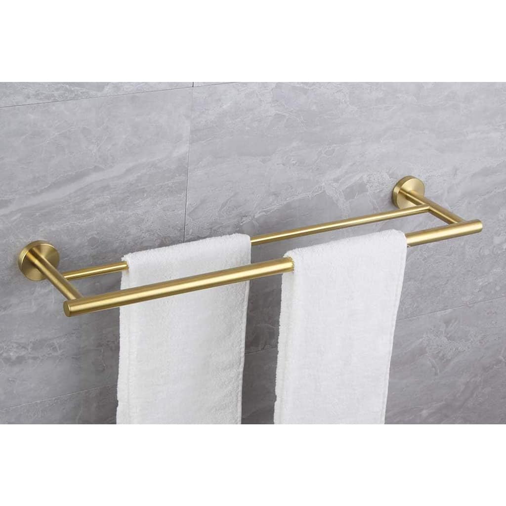 23.6” Stainless Steel Gold Towel Holder with Double Bar for Bathroom Kitchen Laundry Room Use - 23.6”L x 5”W