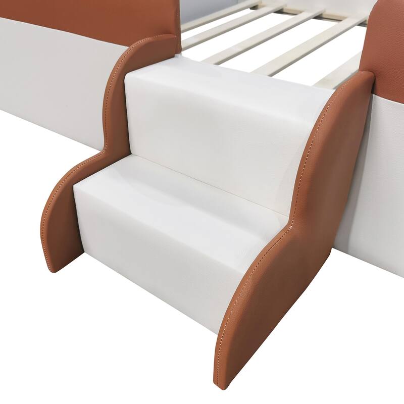 Modern Upholstered Daybed with Fence and Stairs for Kids, Brown+White