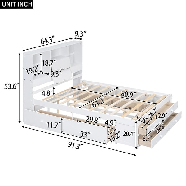 dimension image slide 1 of 2, Queen Platform Bed with Storage Headboard & 8-Drawers, Easy Assembly, White