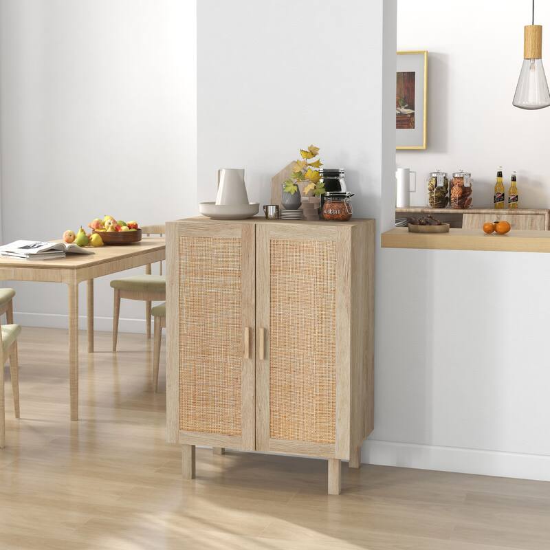 Boho Sideboard Buffet Cabinet with Rattan Doors and Adjustable Shelves, Natural