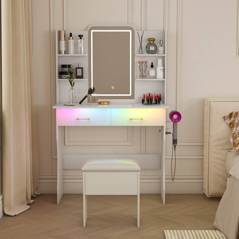 Small Vanity Desk with LED Lights Mirror & Power Outlet,Vanity Table Set with Drawers & Chair, 3 Lighting Modes - White