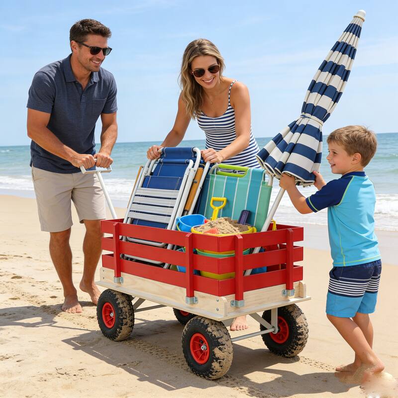 Wooden Garden Cart with Inflatable Wheels - All-Terrain Children's Hauler for Camping & Yard, Red