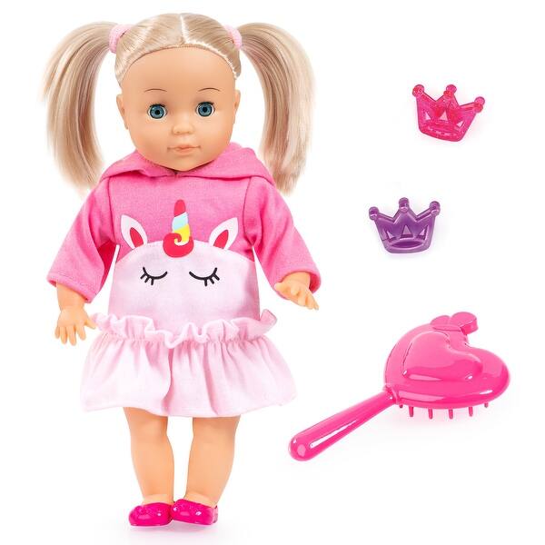 slide 2 of 5, Bayer: Charlene Little Lover Doll - 13" Pink Unicorn Top - w/Kiss & Laugh Sounds, Blonde, Hair Accessories, Open/Closes Eyes