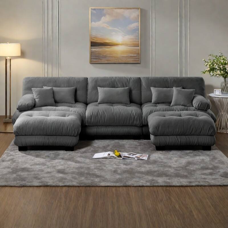133.8" Chenille Modular 3-Seater U-Shaped Cloud Sectional Sofa with 2 Ottomans