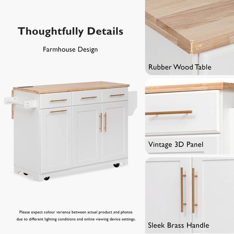 59" Rolling Kitchen Island on Wheels with Trash Can Storage Cabinet, Island Table for Kitchen with Power Outlet, Storage Rack