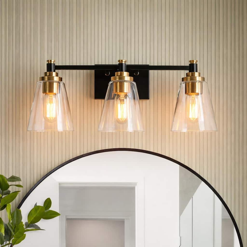 3-Light Modern Black Gold Bathroom Vanity Light Dimmable Cone Wall Sconces