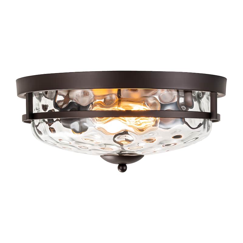 2-Light Industrial Farmhouse Ceiling Light Dome Clear Water Rippled Glass Flush Mount Light - 12.9 in. W x 5.5 in. H - Oil Rubbed Bronze