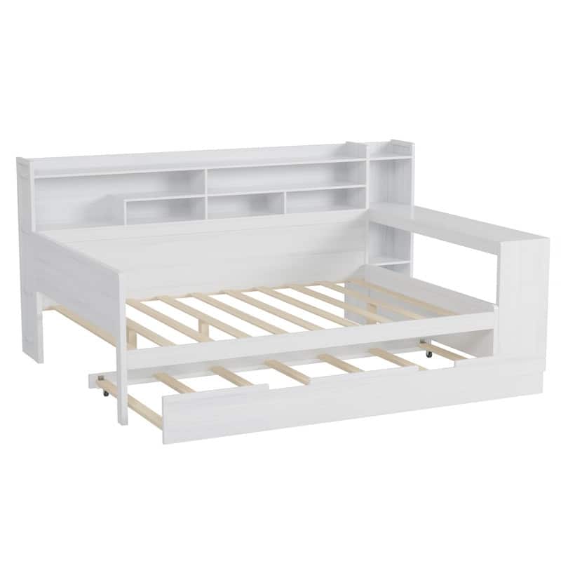 Wooden Daybed with Study Desk and Twin Size Trundle, Twin/Full Size Daybed Frame Sofa Bed with Storage Shelves
