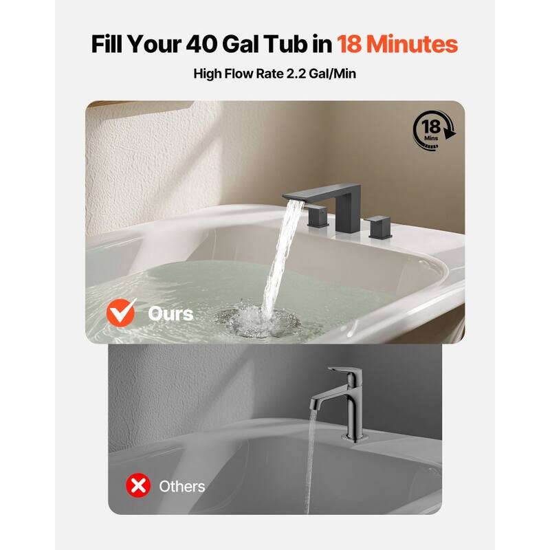 Matte Black Stainless Steel Roman Tub Faucet with 3-Hole and Deck Mount High Flow Water 4.36 GPM - 7.87" x 9.06" x 2.83"