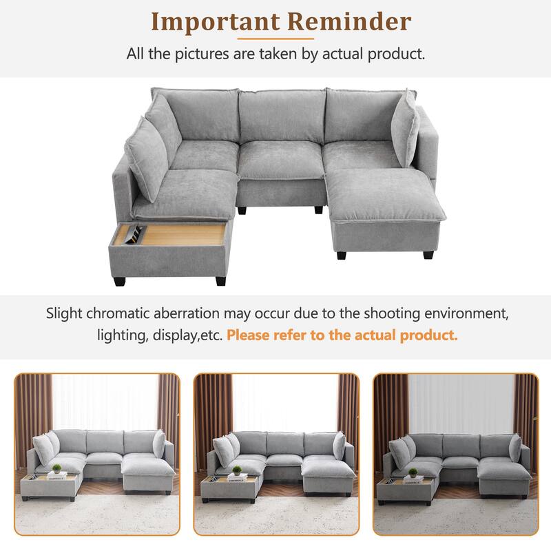 90" U-shaped Sofa with Ottoman and Hidden Charging Coffee Table, Grey Chenille
