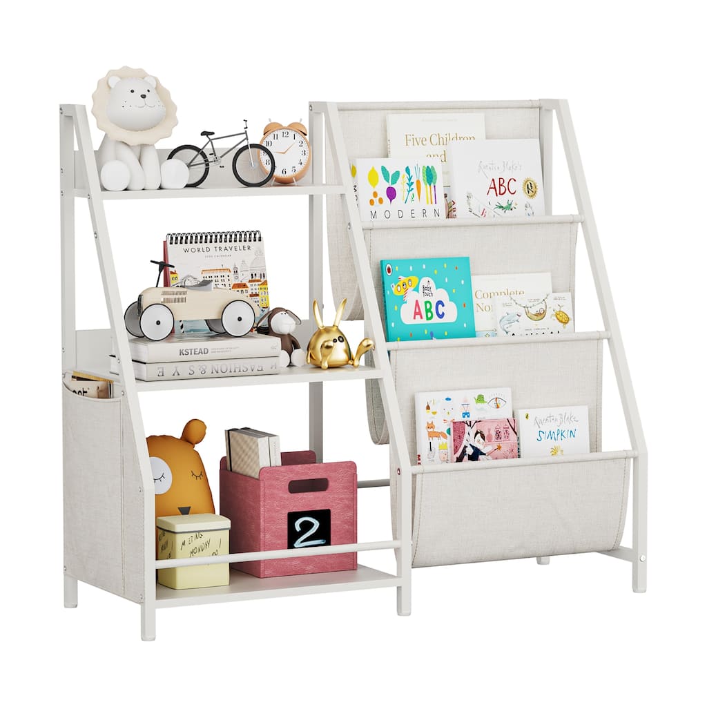 Kids Bookshelf and Toy Storage Organizer Montessori Toddler Nursery White Wooden and Fabric Book Shelf with Anti Tip Safety