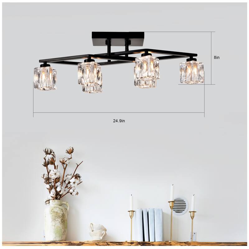 Matte Black 8-Light Industrial Crystal Chandelier, Adjustable Height Pendant Light Fixture for Dining Room, Kitchen, Foyer