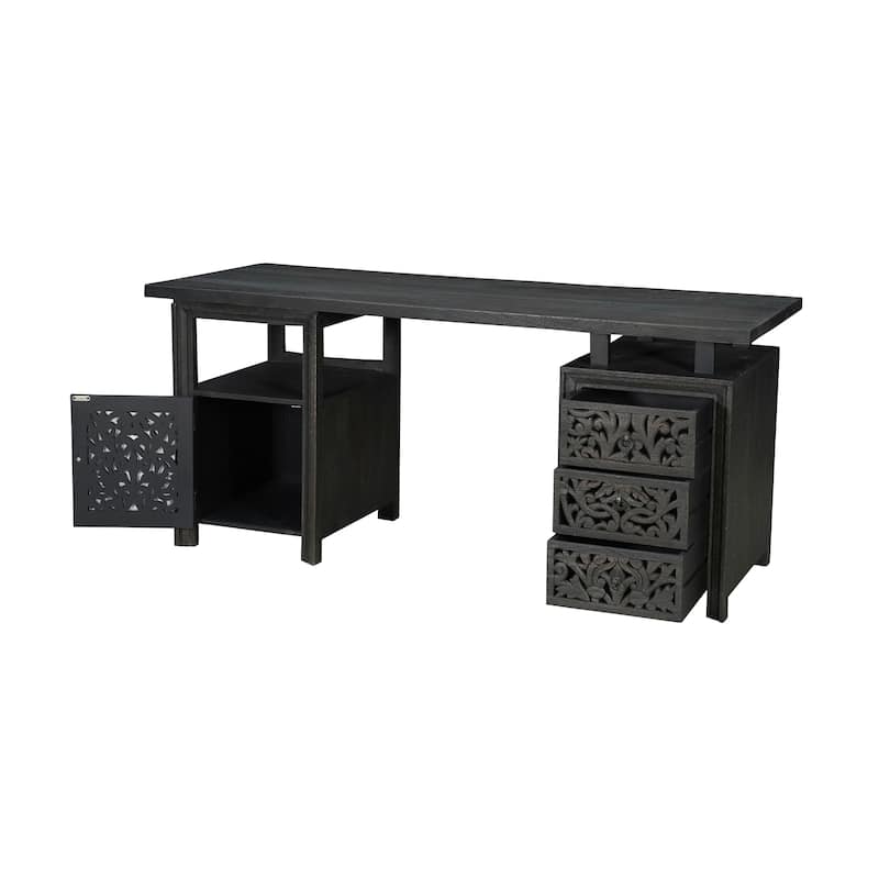 Floral Motif Solid Wood Desk with 3 Drawers and 1 Door