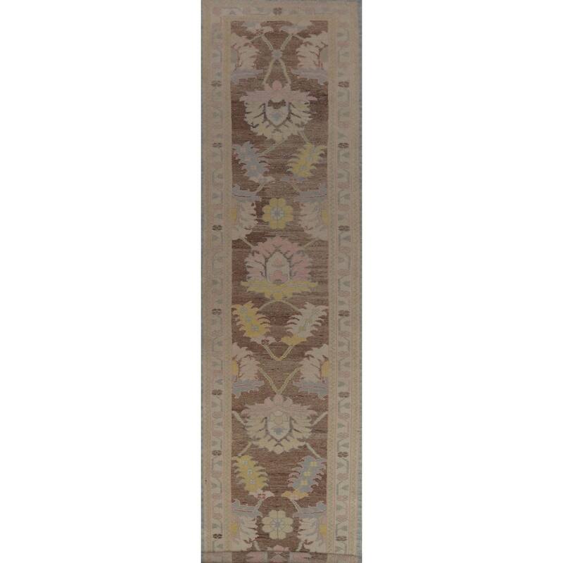Hand Knotted Oriental 100% Wool Carpet Transitional Floral Brown Oushak Runner Rug - 17' 6'' X 3' 2''