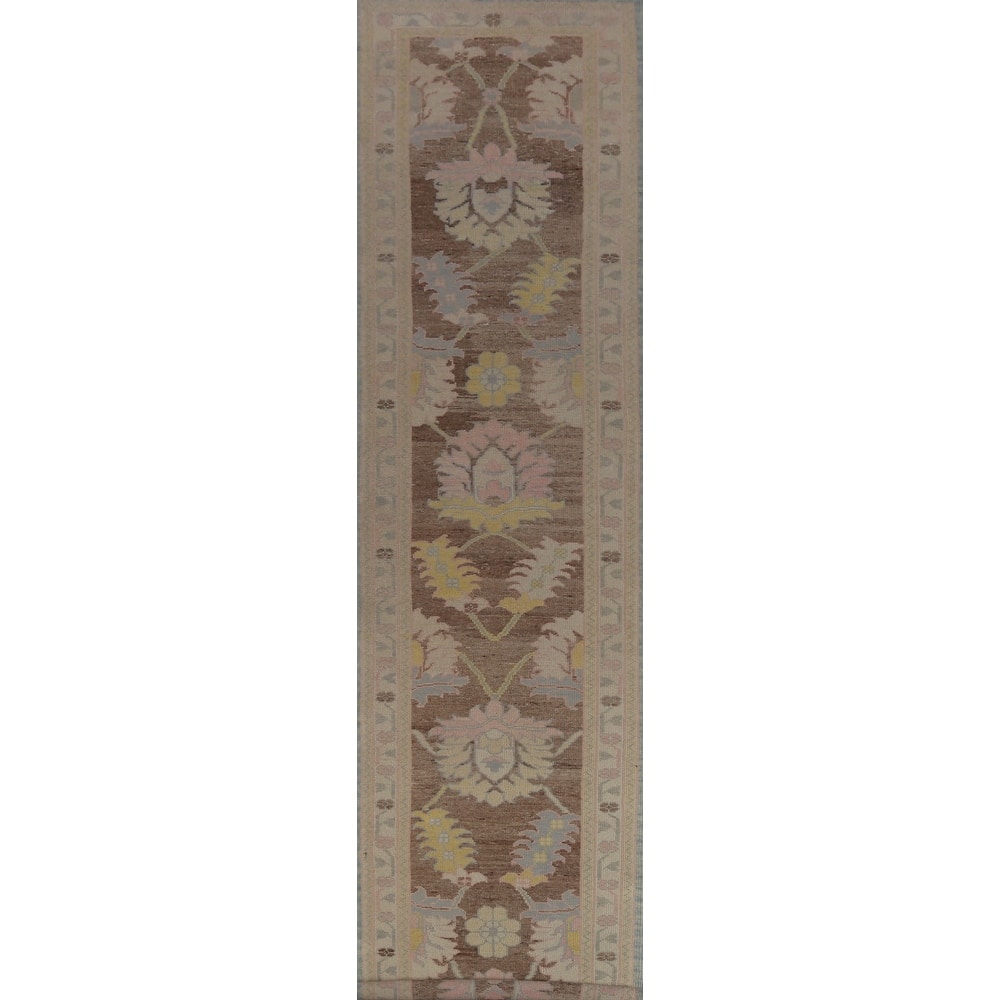 Hand Knotted Oriental 100% Wool Carpet Transitional Floral Brown Oushak Runner Rug - 17' 6'' X 3' 2''