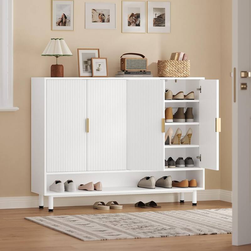 Shoe Storage Cabinet Shoe Organizer 3 Adjustable Shelves Metal Legs - White - No Drawers